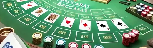 Meja baccarat hijau dengan kartu, chip, dan susunan taruhan